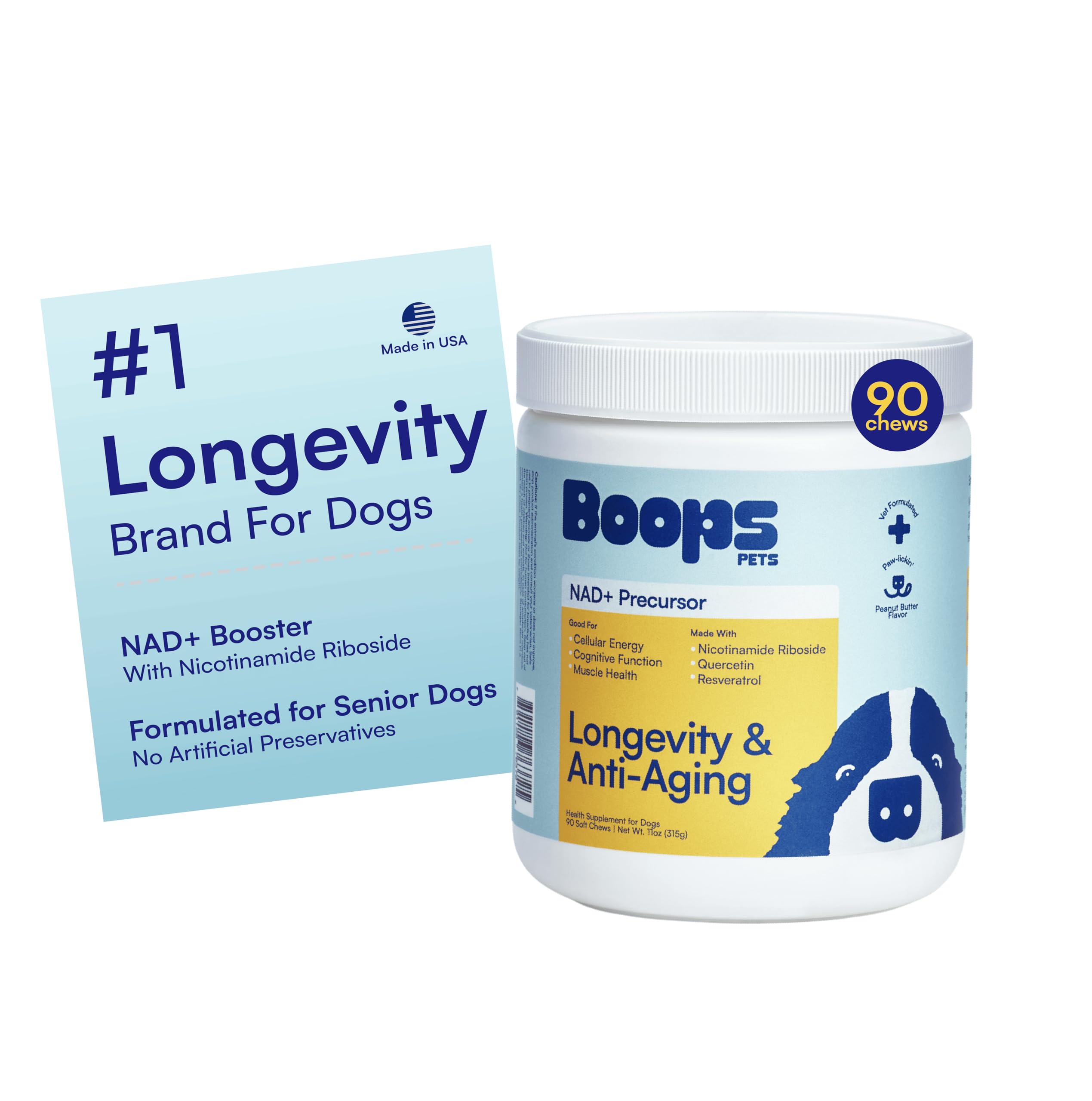 Boops Pets NAD+ precursor bottle label highlights premium senior dog support for healthy aging.