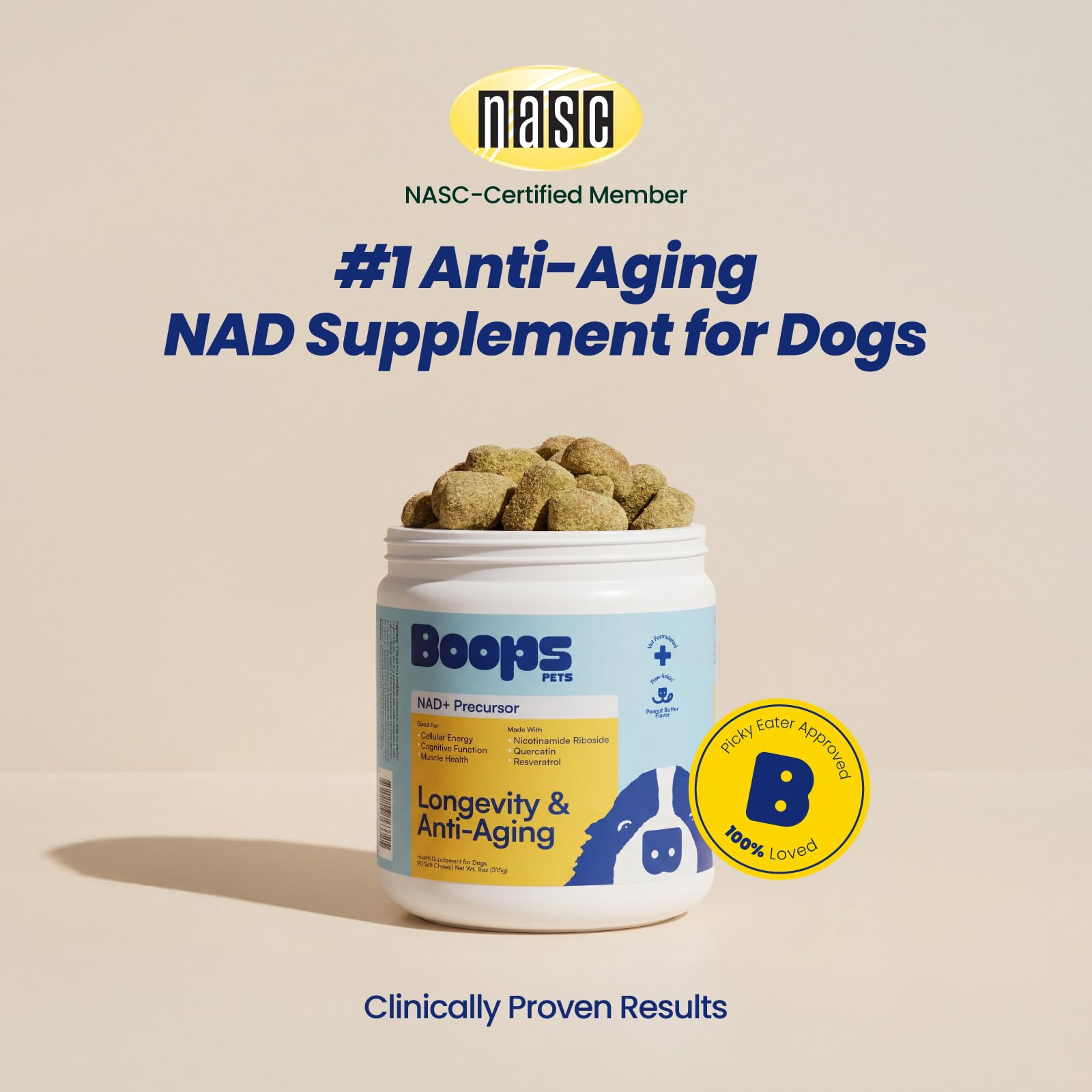 Boops Pets senior dog soft chews serving image shows two-chew daily portion for potential energy.