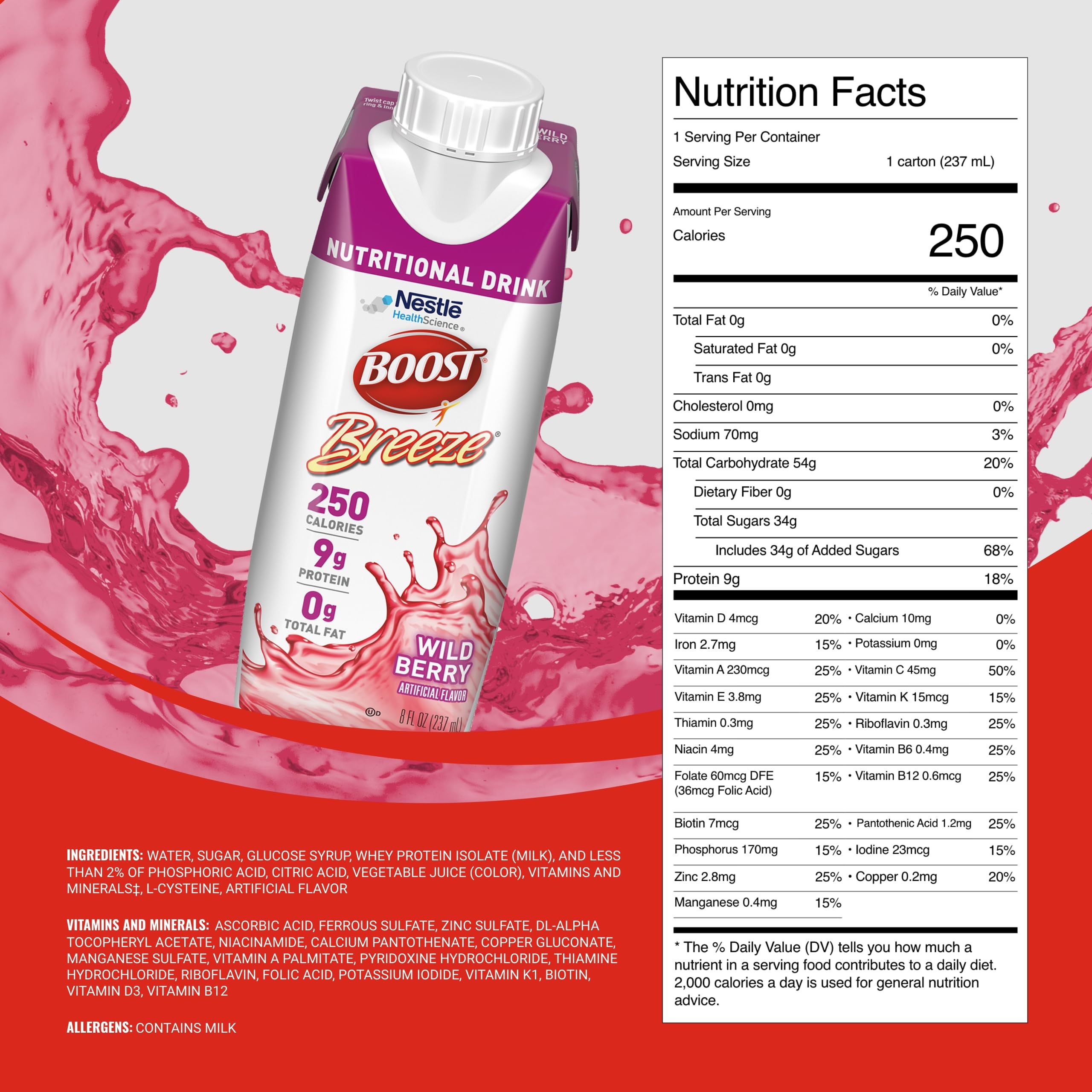 BOOST Breeze bottle highlighting 9g whey protein for balanced daily nourishment
