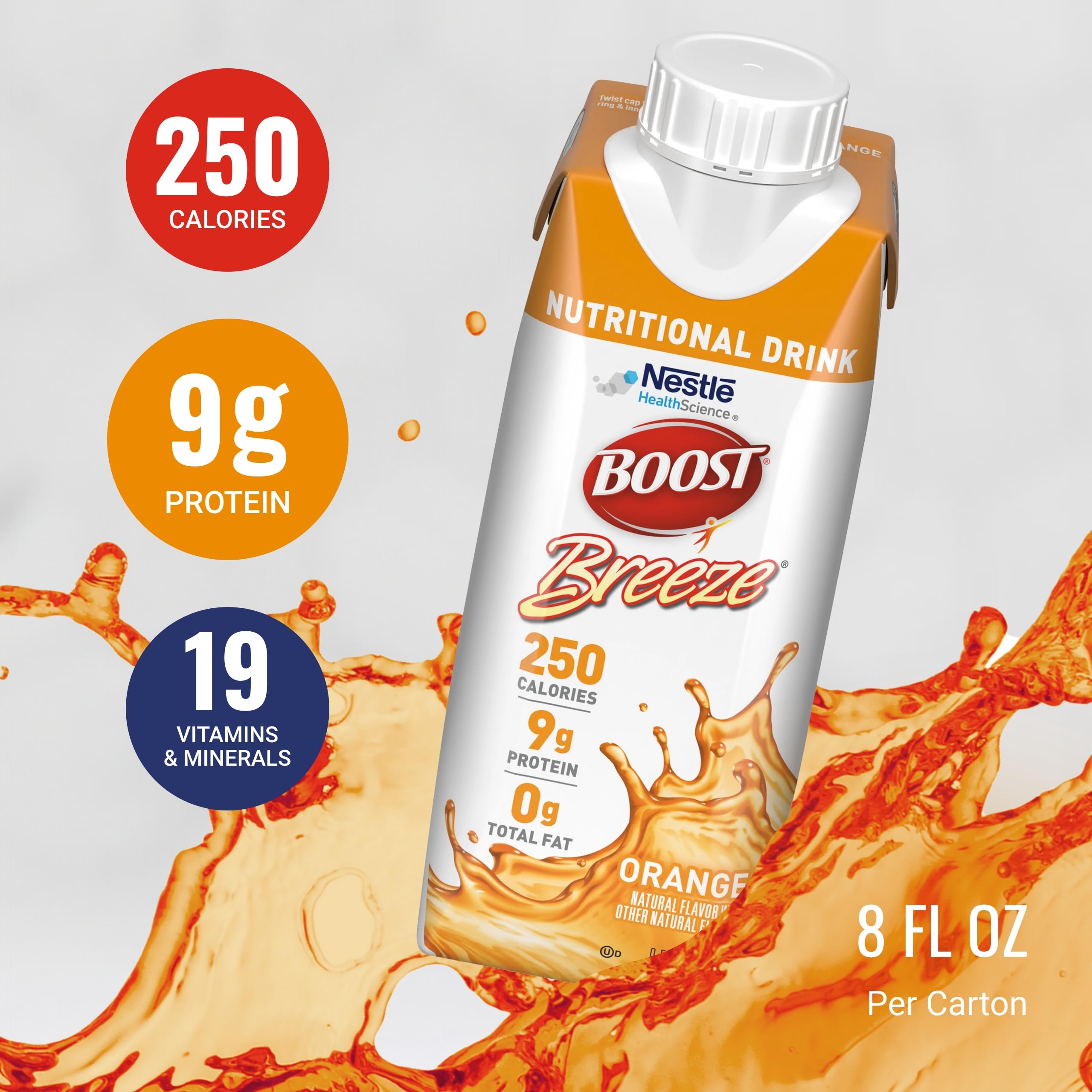 BOOST Breeze bottle label nutrition info emphasizes 19 vitamins and minerals.