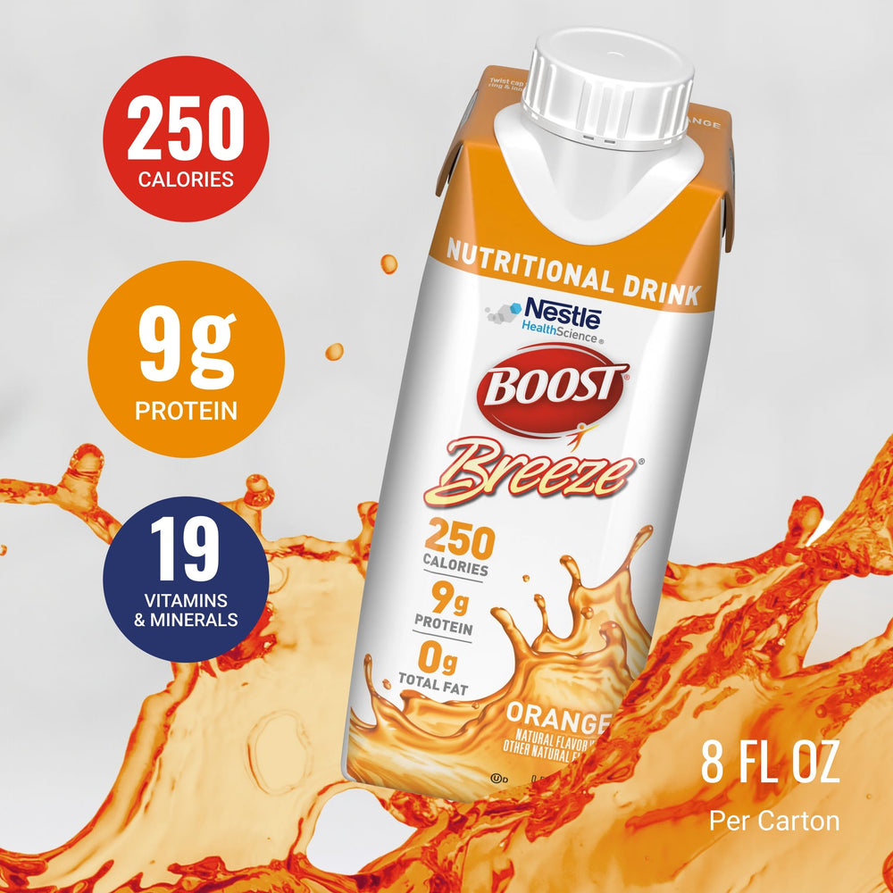 BOOST Breeze bottle label nutrition info emphasizes 19 vitamins and minerals.