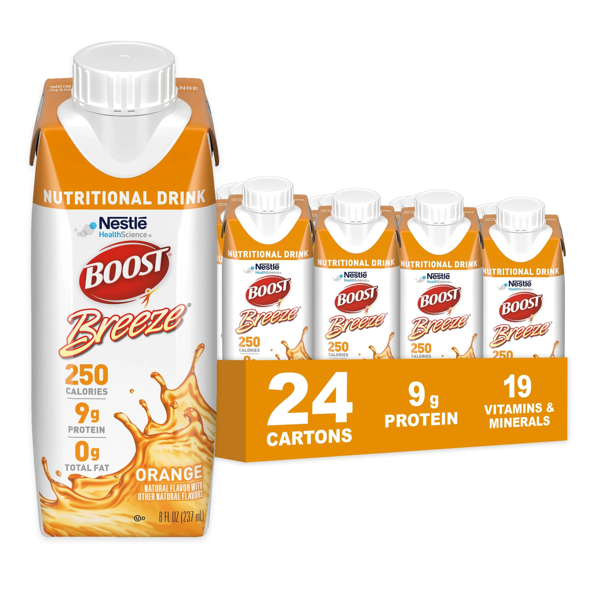 BOOST Breeze clear drink bottle front, convenient 250 calories for on-the-go nutrition.