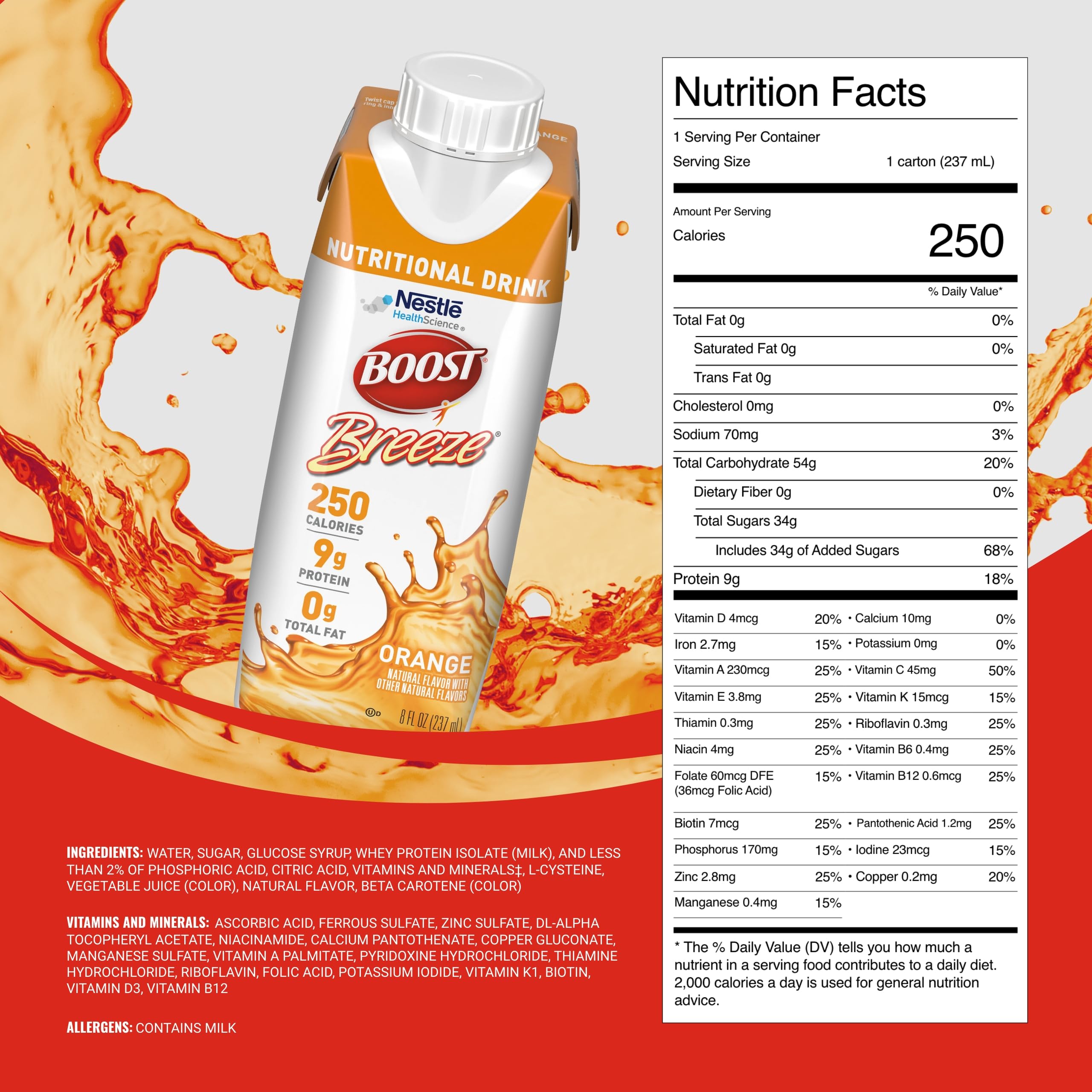 BOOST Breeze orange-flavor glass highlights refreshing taste and protein boost.