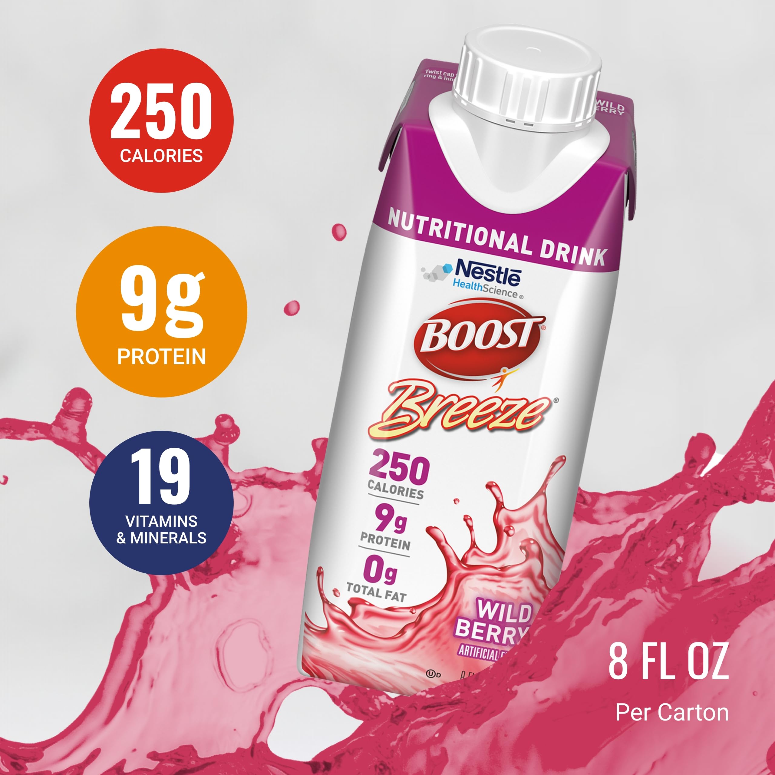 BOOST Breeze wild berry flavor poured into a glass for a refreshing treat
