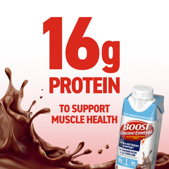 BOOST Glucose Control chocolate nutrition panel lists protein, carbs, and vitamins at a glance.
