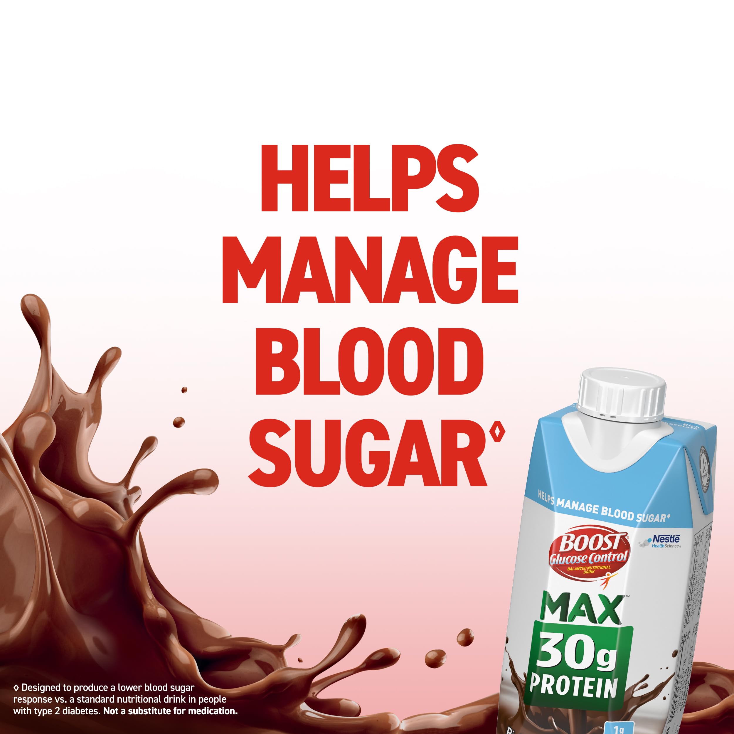 BOOST Glucose Control drink in glass emphasizes ready-to-drink nutrition