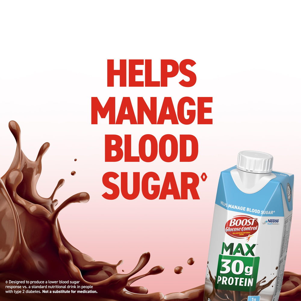 BOOST Glucose Control drink in glass emphasizes ready-to-drink nutrition