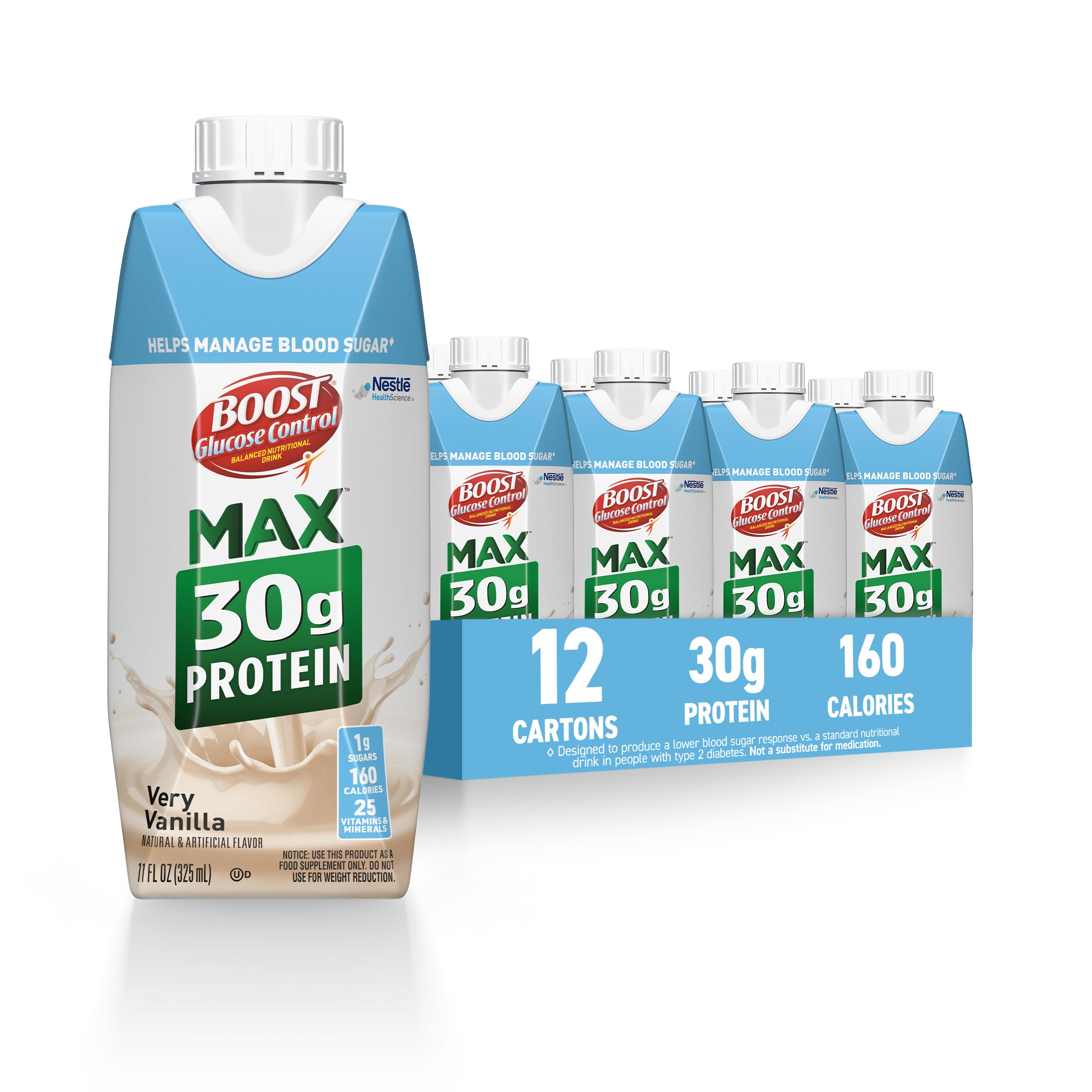 BOOST Glucose Control vanilla bottle front shows high protein for fullness.