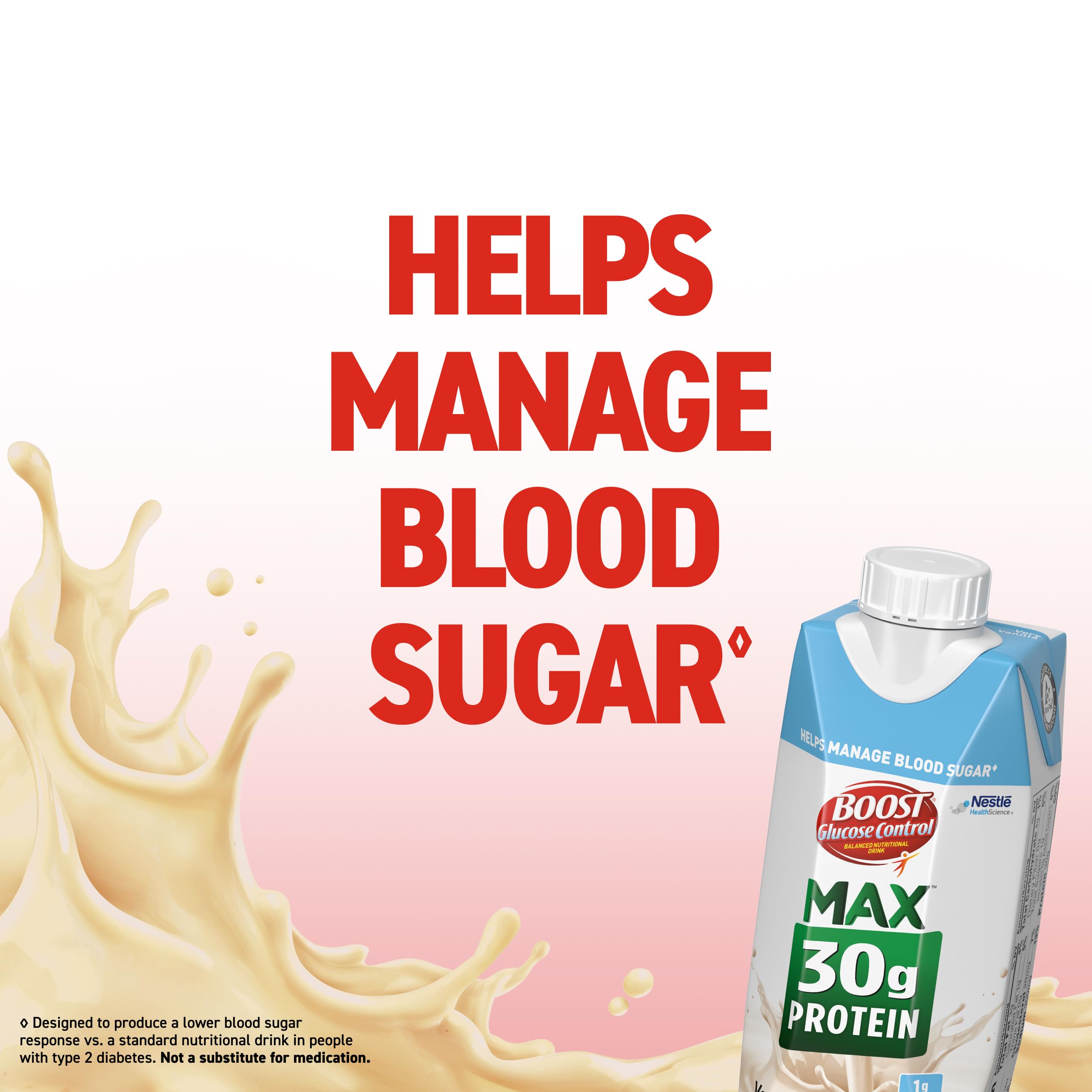 BOOST Glucose Control vanilla glass served offers creamy vanilla texture ready to sip.