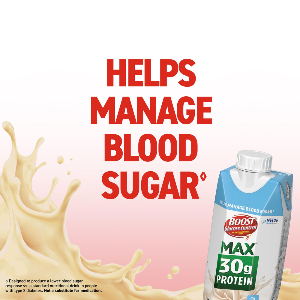 BOOST Glucose Control vanilla glass served offers creamy vanilla texture ready to sip.