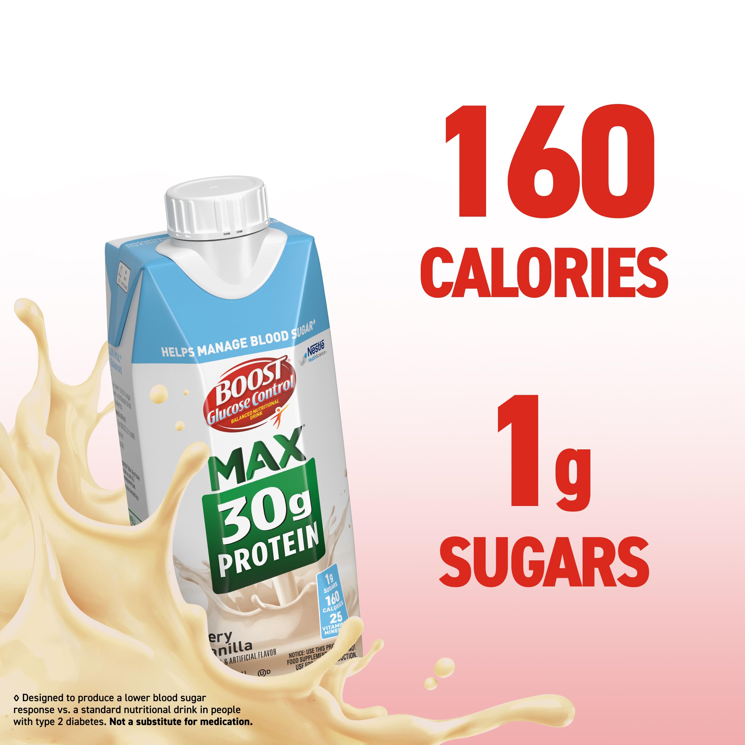 BOOST Glucose Control vanilla on-the-go pack features a reclosable bottle for travel.