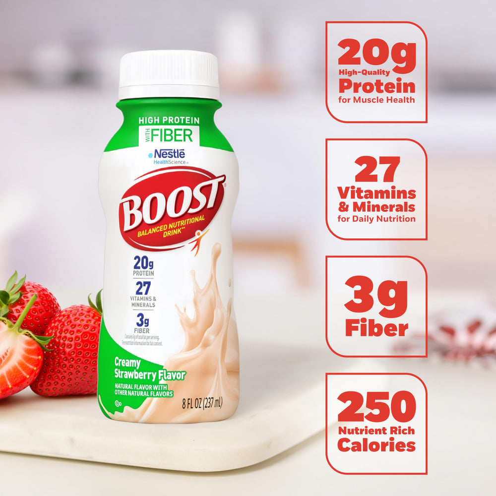 BOOST High Protein with Fiber 24-pack box demonstrates value for families.