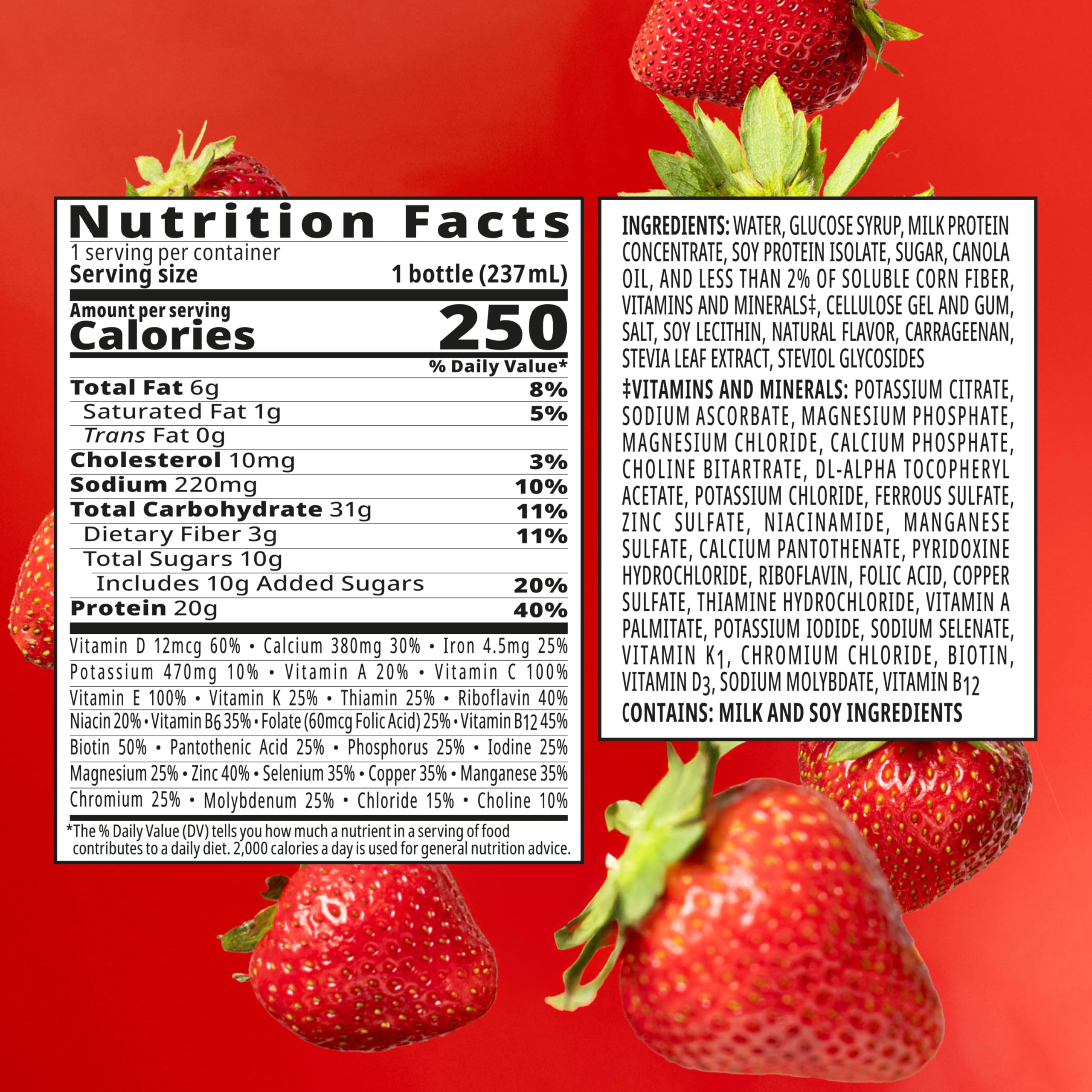 BOOST High Protein with Fiber creamy strawberry label emphasizes gluten-free and no artificial colors.