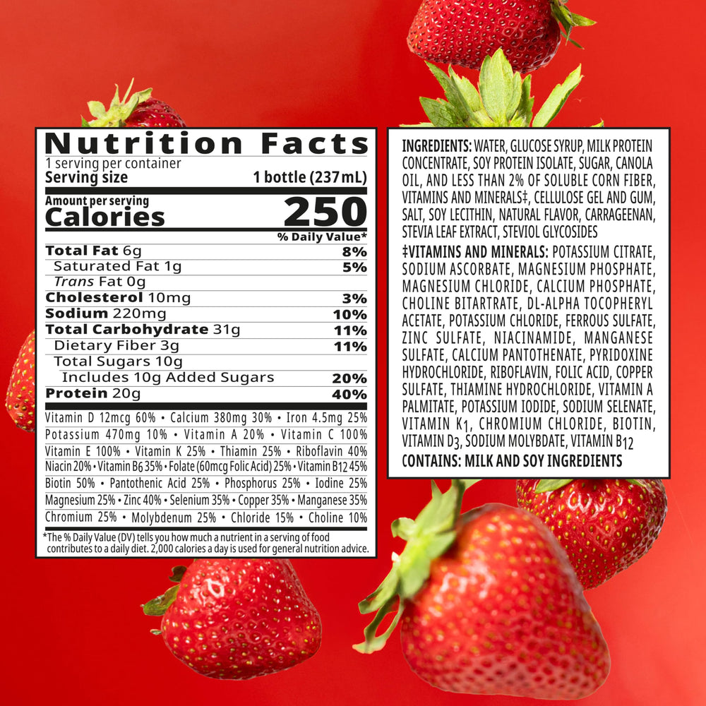 BOOST High Protein with Fiber creamy strawberry label emphasizes gluten-free and no artificial colors.