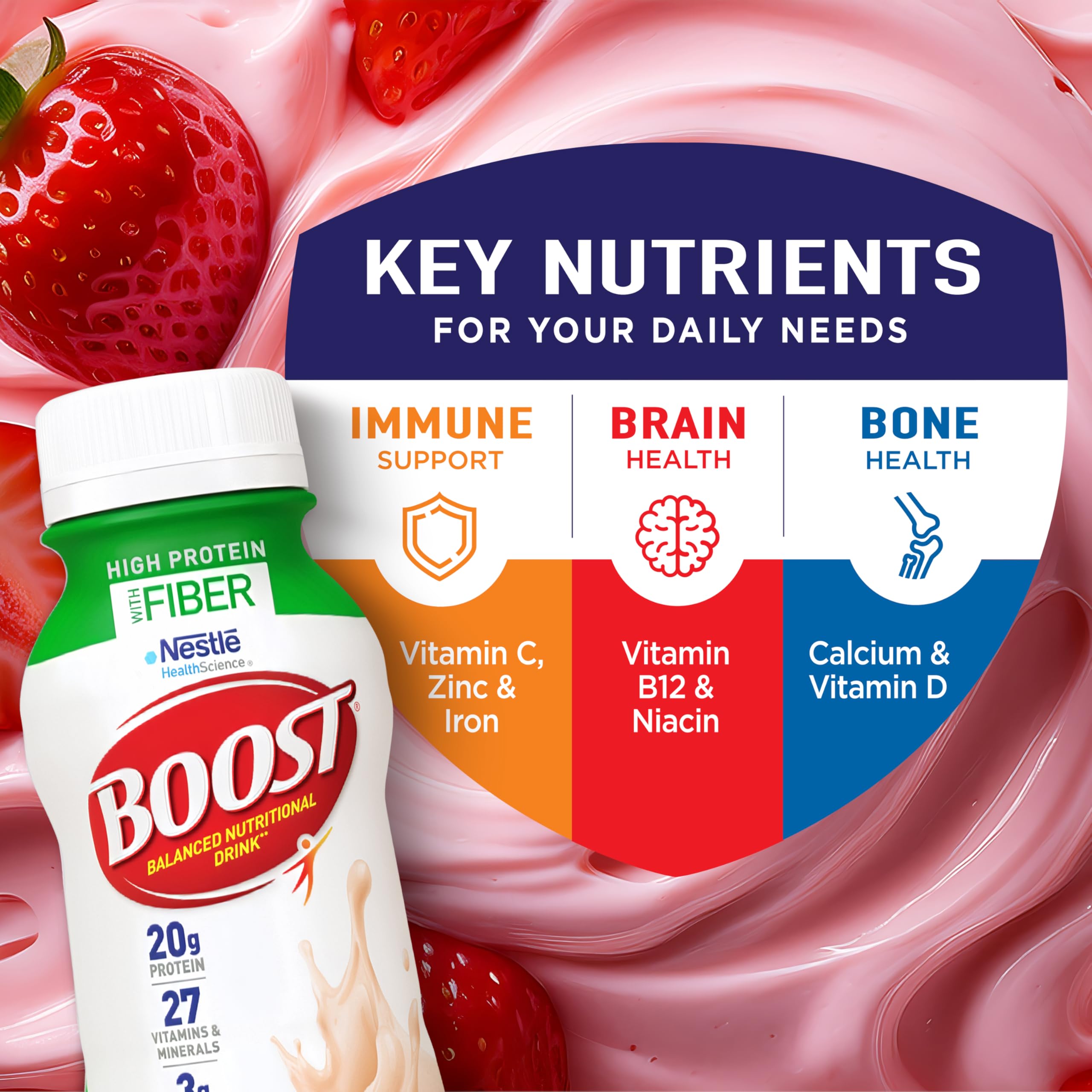 BOOST High Protein with Fiber nutrition panel highlights 20g protein and 3g fiber.