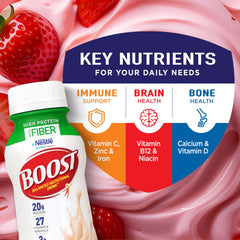 BOOST High Protein with Fiber nutrition panel highlights 20g protein and 3g fiber.