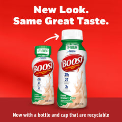 BOOST High Protein with Fiber creamy strawberry pour into glass shows smooth texture.