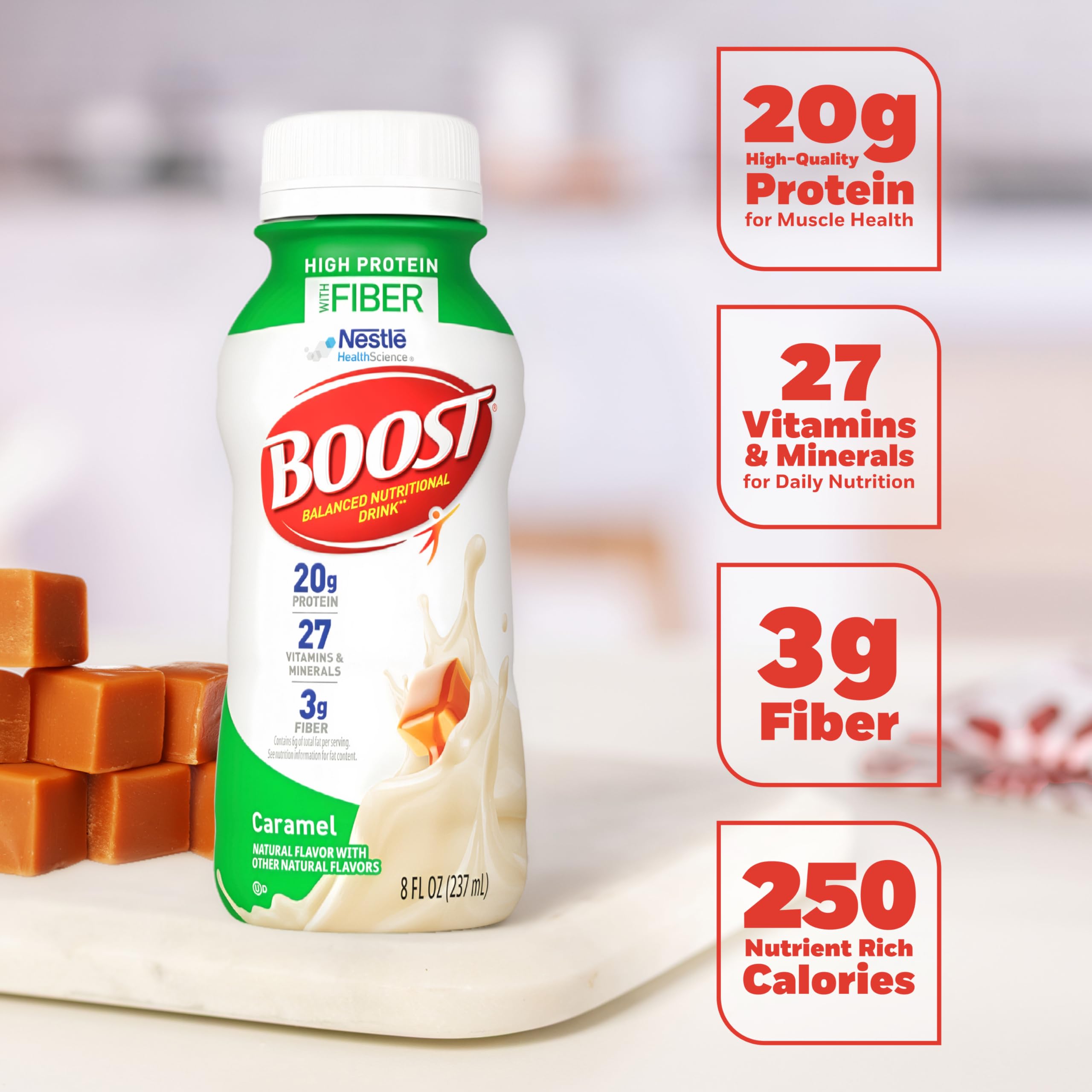 BOOST High Protein with Fiber caramel bottle closeup emphasizes creamy texture and flavor.