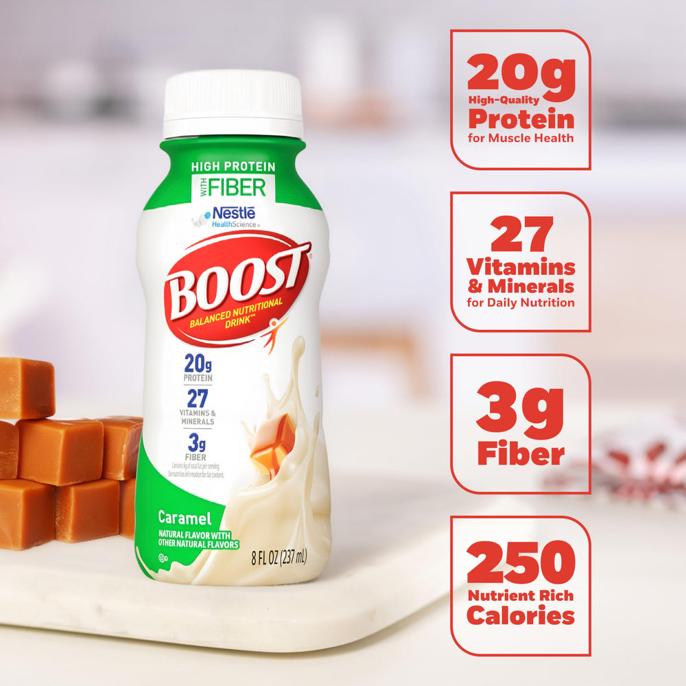 BOOST High Protein with Fiber caramel bottle closeup emphasizes creamy texture and flavor.