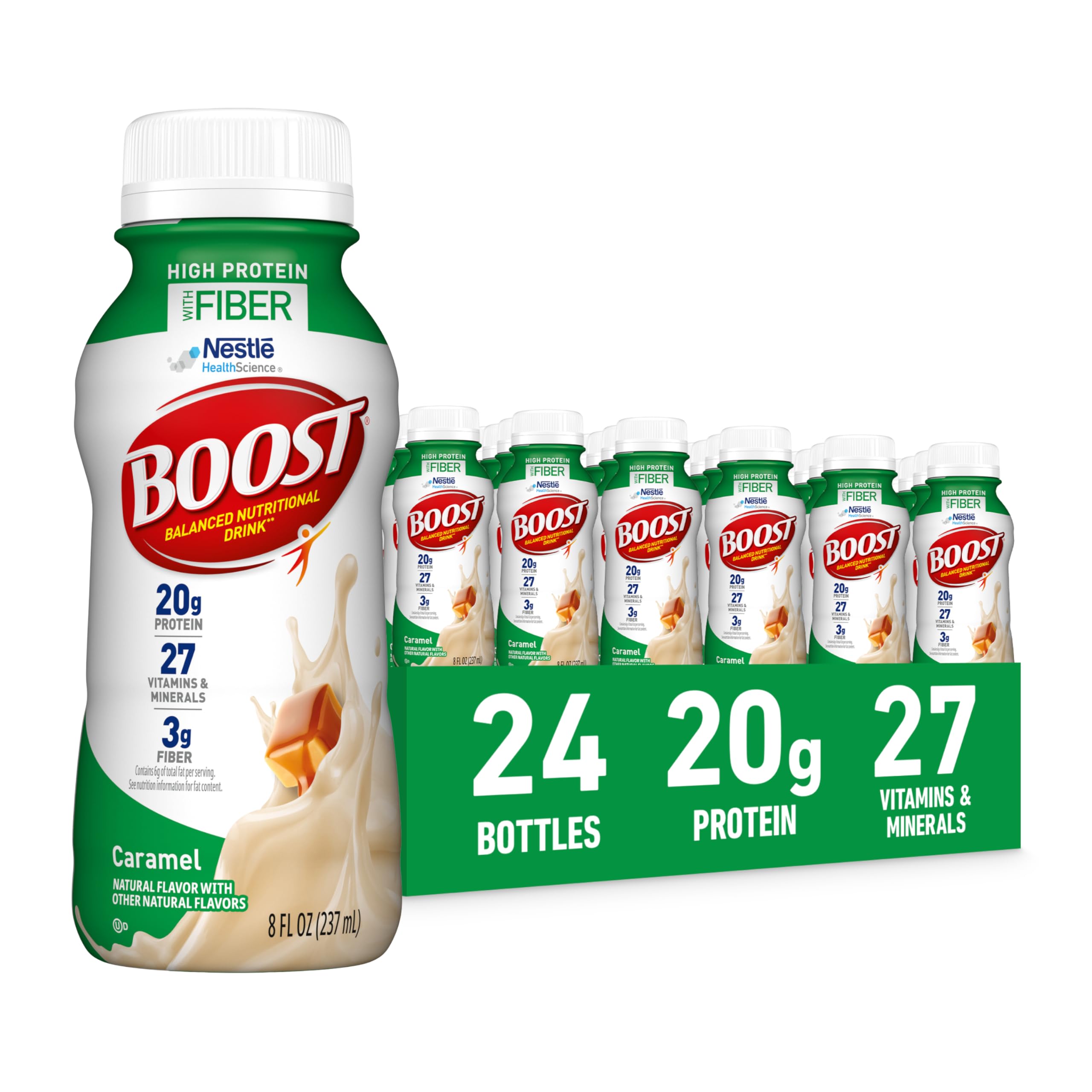 BOOST High Protein with Fiber caramel bottle front for ready-to-drink convenience.