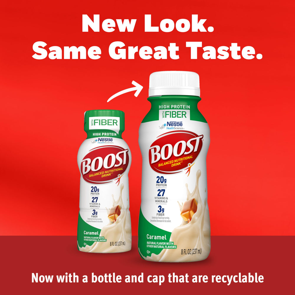 BOOST High Protein with Fiber caramel bottle nutrition label highlights protein and fiber content.