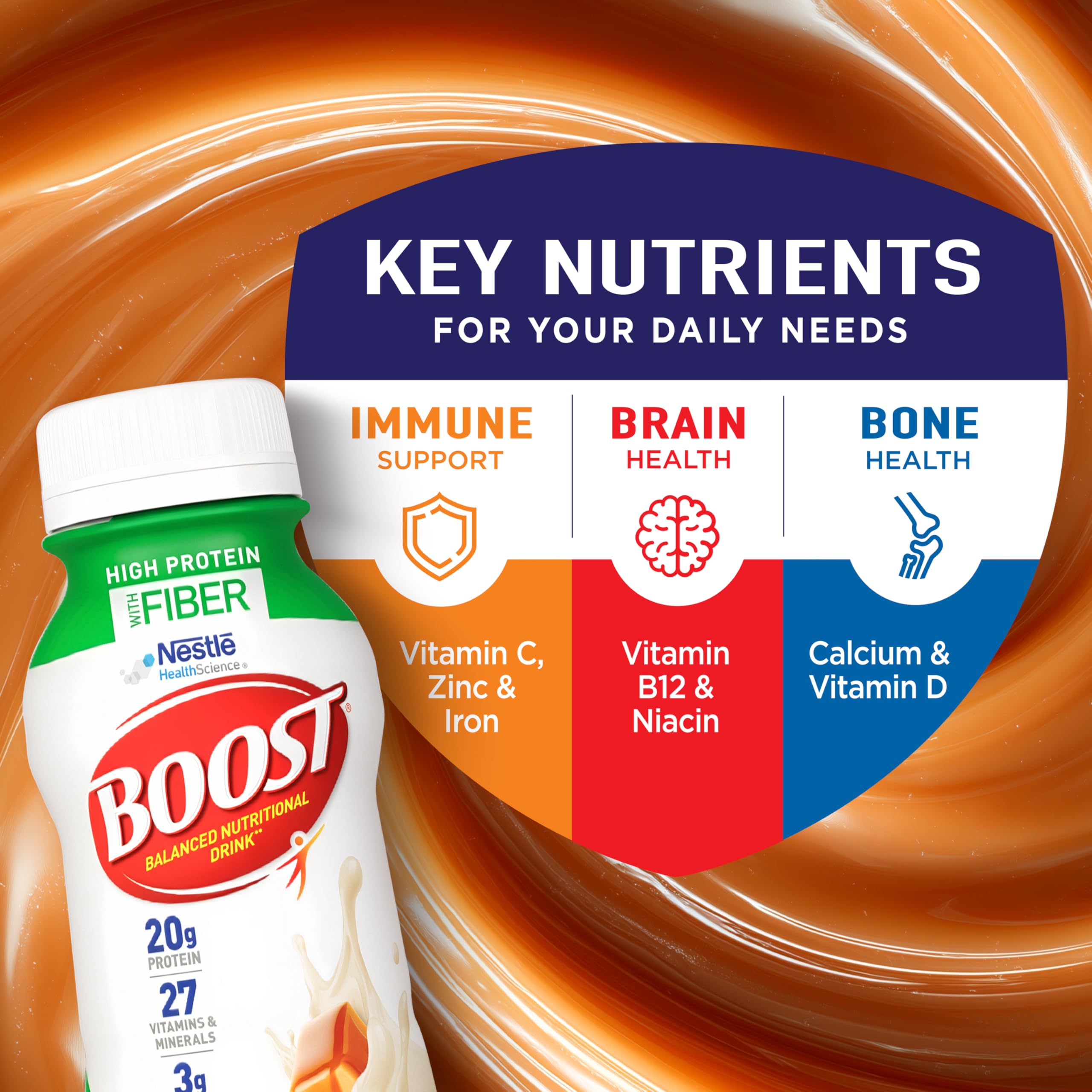 BOOST High Protein with Fiber caramel bottle pour demonstrates a convenient on-the-go option.