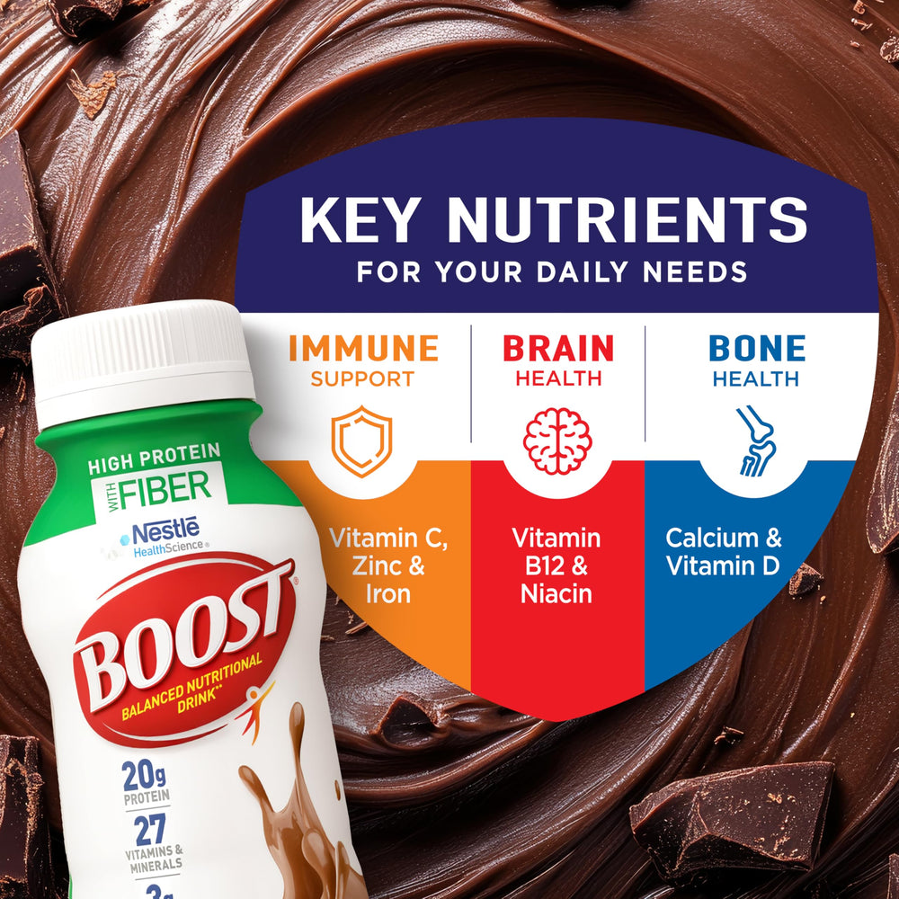 BOOST High Protein with Fiber chocolate drink close-up with creamy texture.