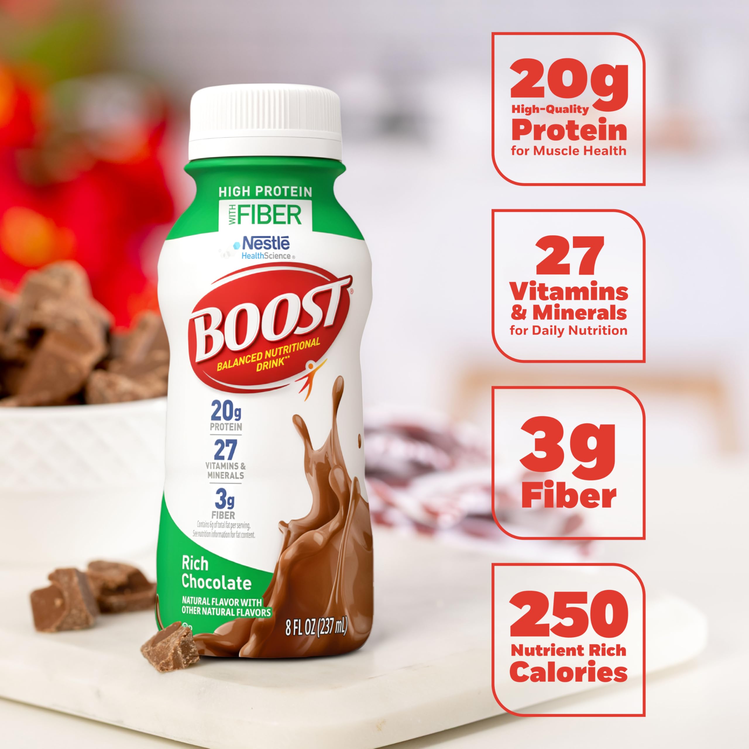 BOOST High Protein with Fiber ready-to-drink packaging on a desk for convenience.