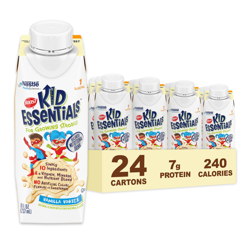 Boost Kid Essentials Vanilla Vortex carton display showing kid-friendly nutrition