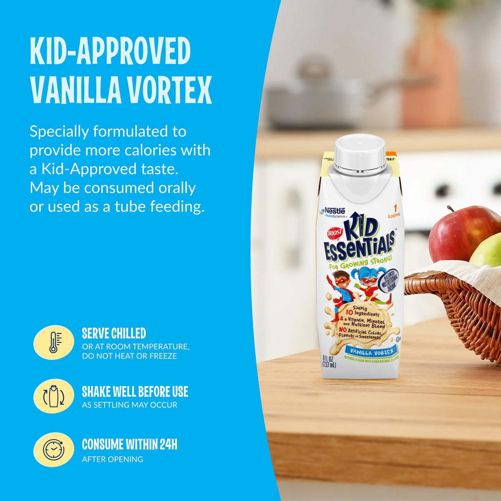 Vanilla flavor option among Boost Kid Essentials flavors chocolate and strawberry