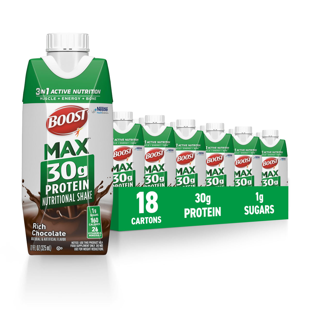 BOOST Max chocolate bottle front highlighting 30g protein per serving for active adults