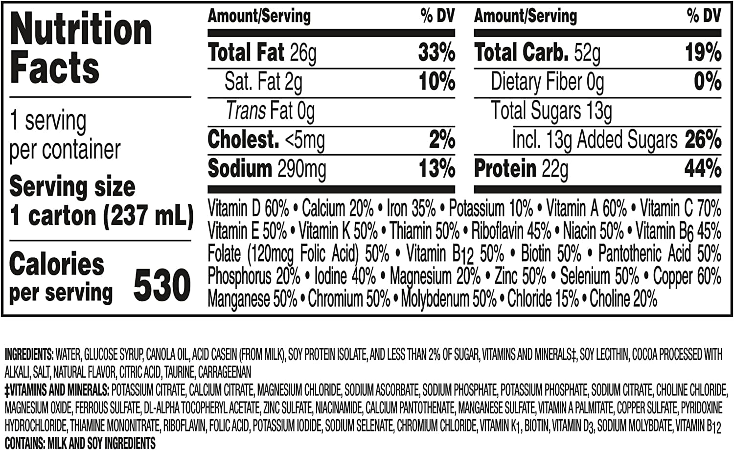 BOOST nutrition facts panel highlights calories and protein.