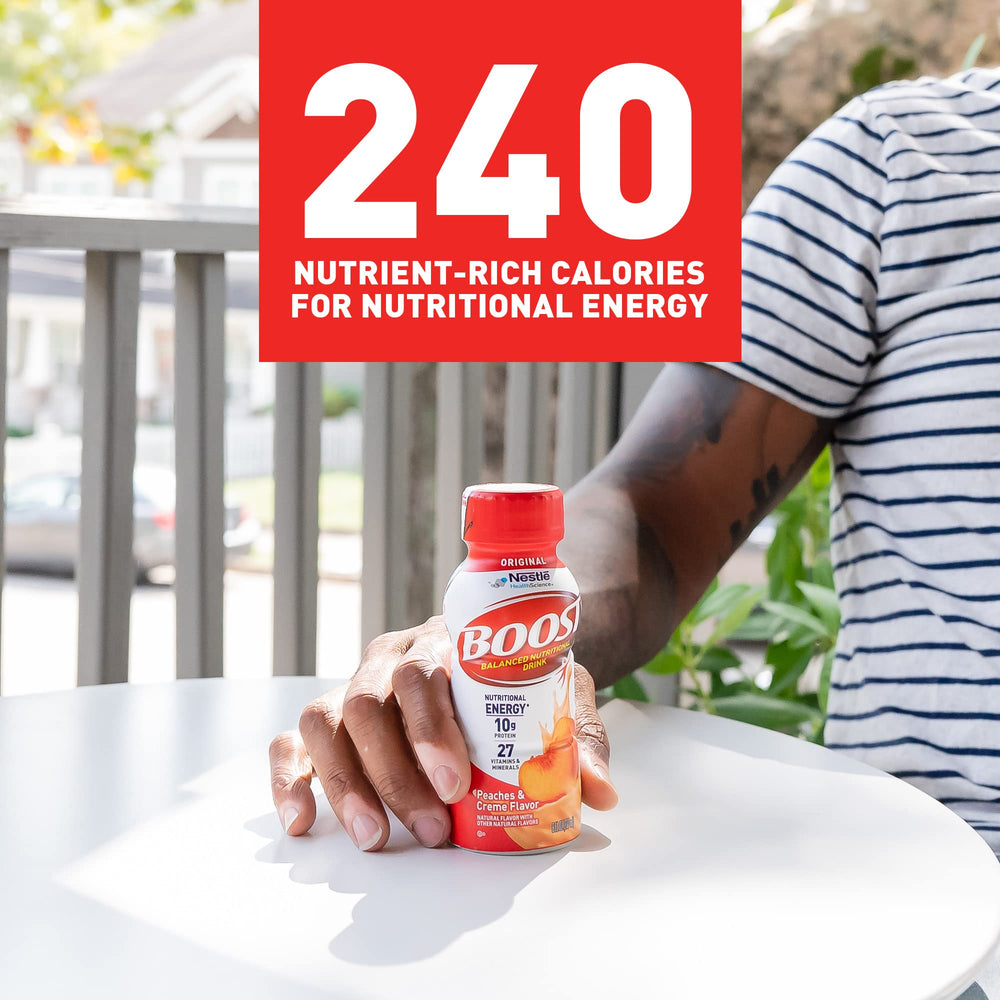BOOST Original Peaches Creme back panel with ingredients and nutrition info