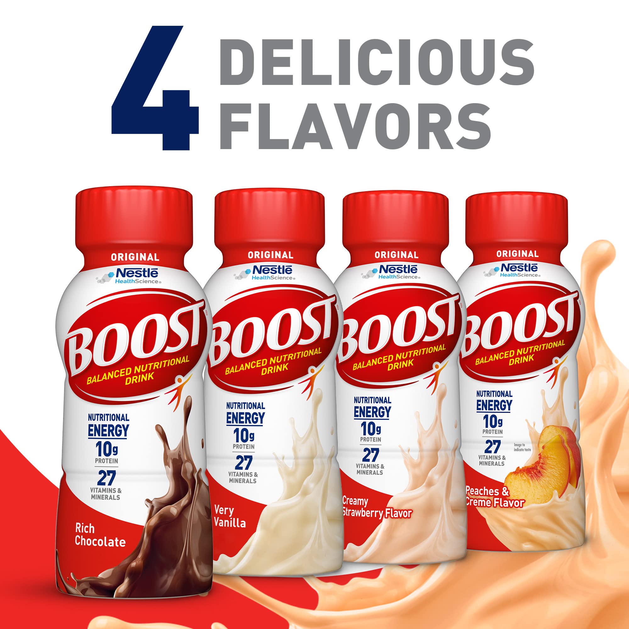 BOOST Original Peaches Creme glass with straw conveys easy refreshing nutrition