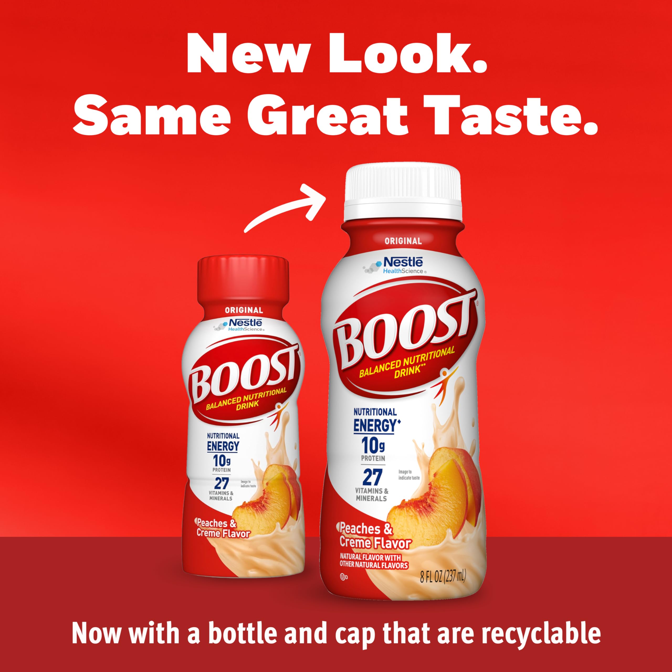 BOOST Original Peaches Creme pour into glass showing convenient between-meal option