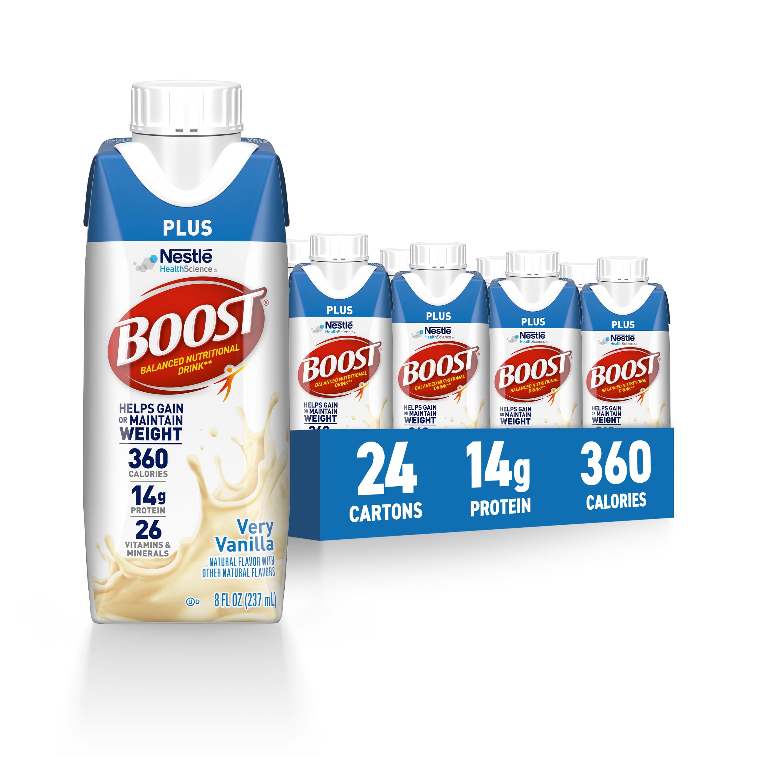 BOOST Plus Vanilla bottle displaying 360 calories per serving for energy goals.