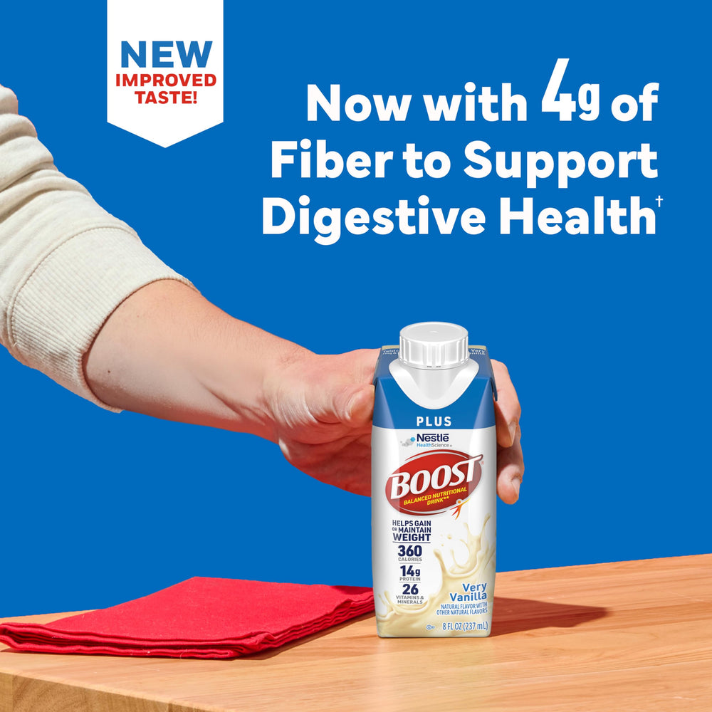 BOOST Plus Vanilla ingredients icons show vitamins and minerals.
