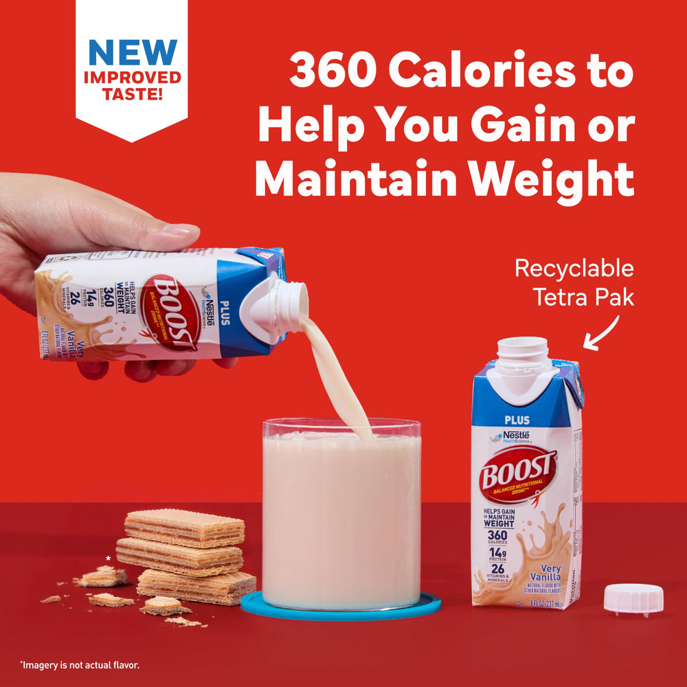 BOOST Plus Vanilla nutrition label highlights 360 calories and 14 g protein.