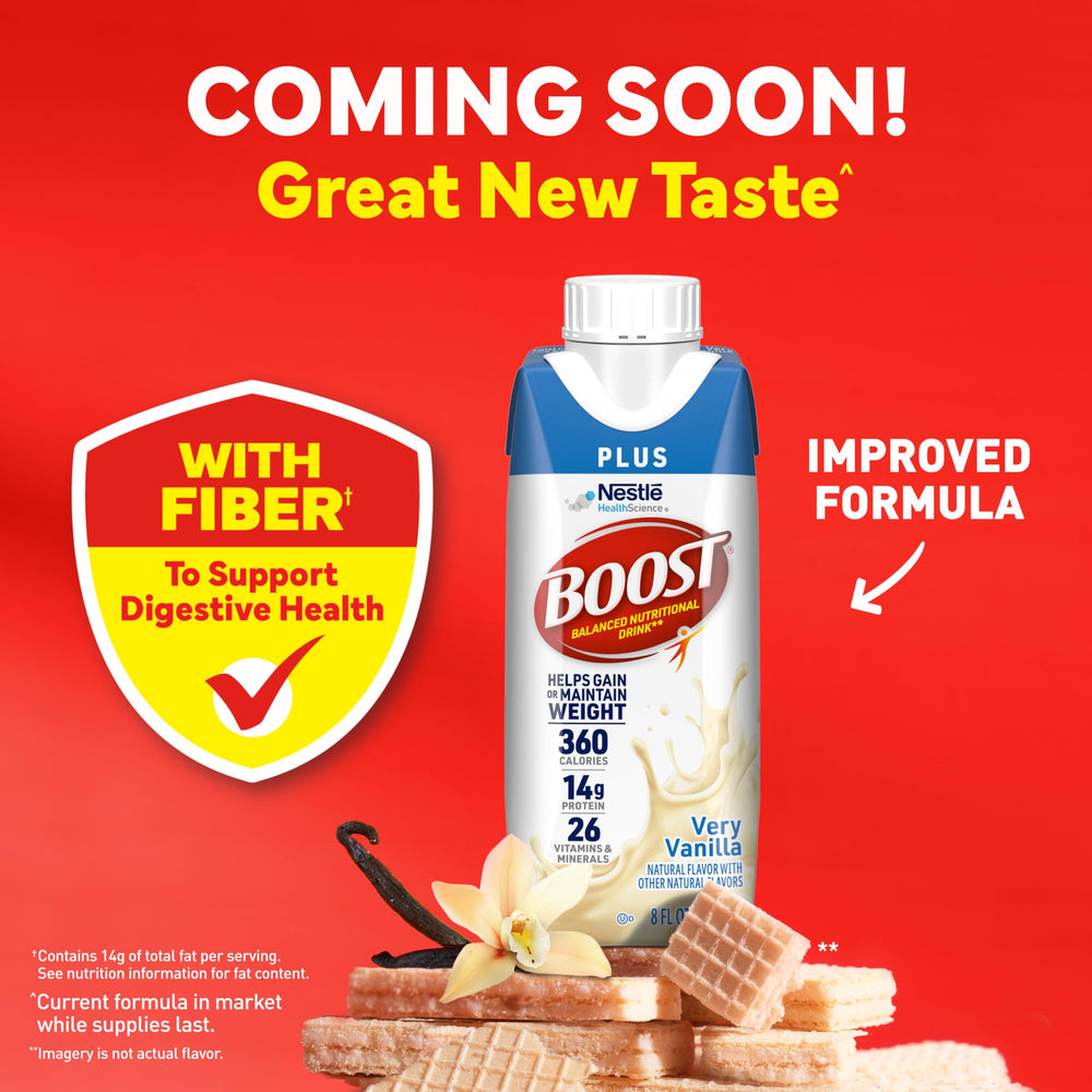 BOOST Plus Vanilla pour in glass highlights protein and flavor.