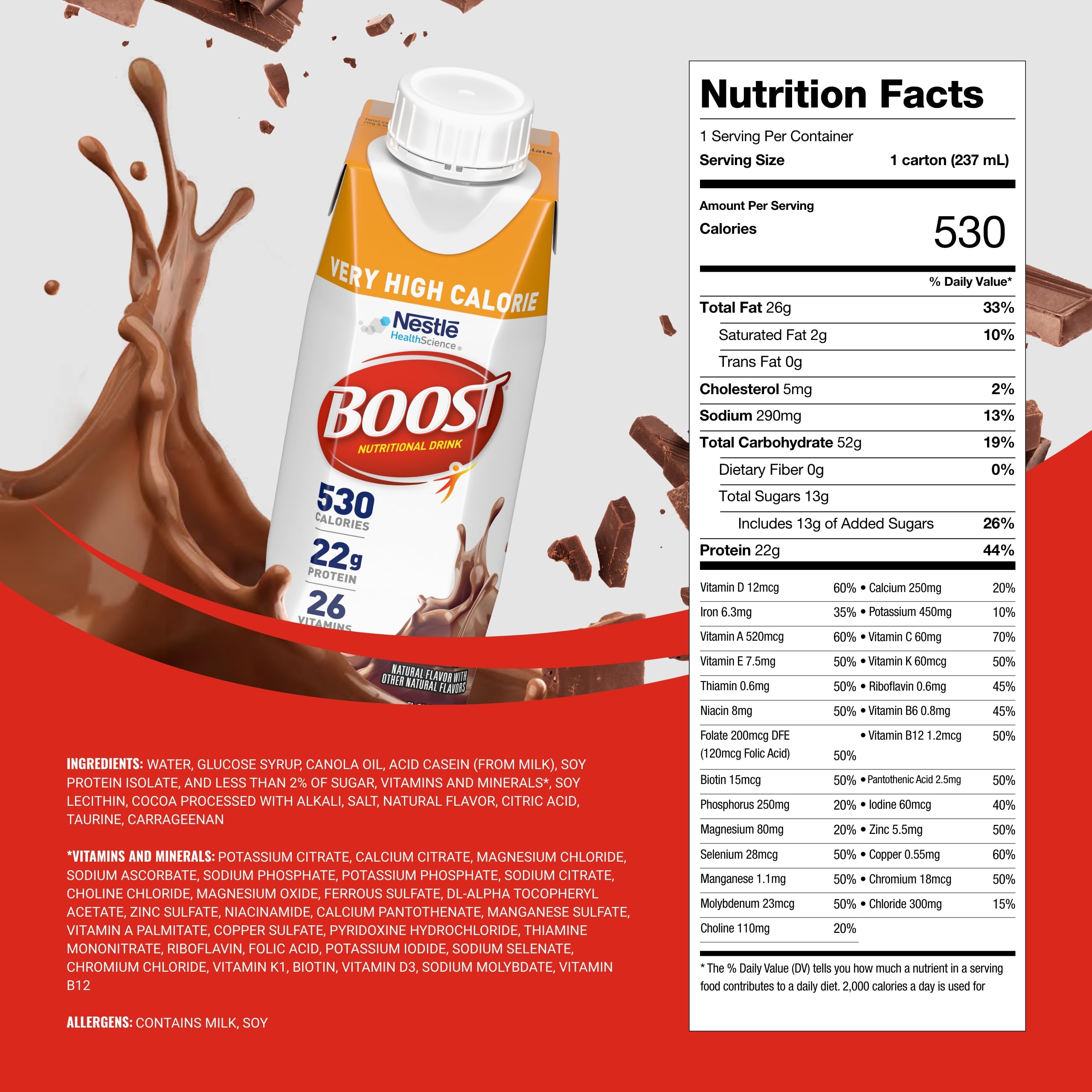 BOOST Very High Calorie Drink pour showcases protein-packed nourishment after workouts.