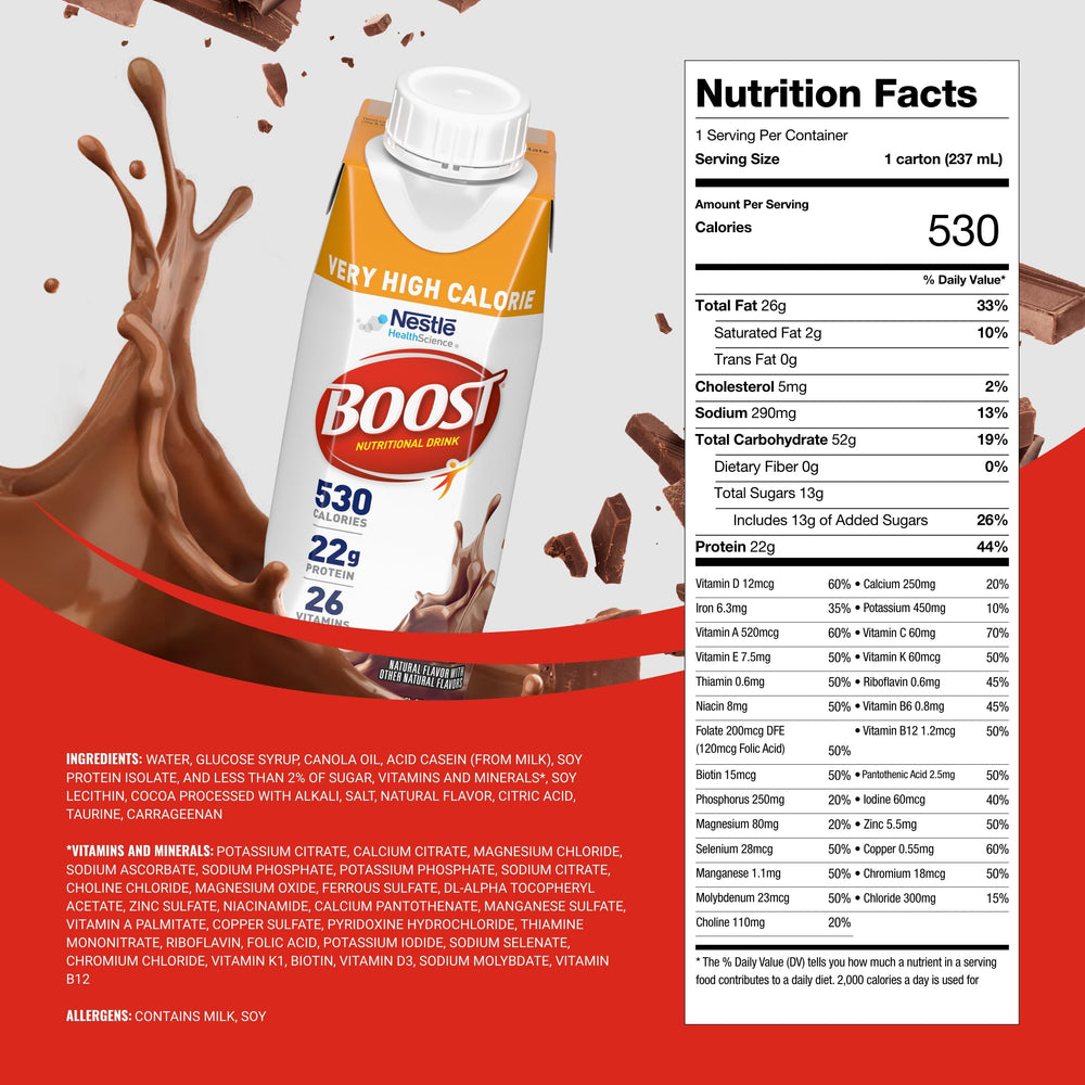BOOST Very High Calorie Drink pour showcases protein-packed nourishment after workouts.