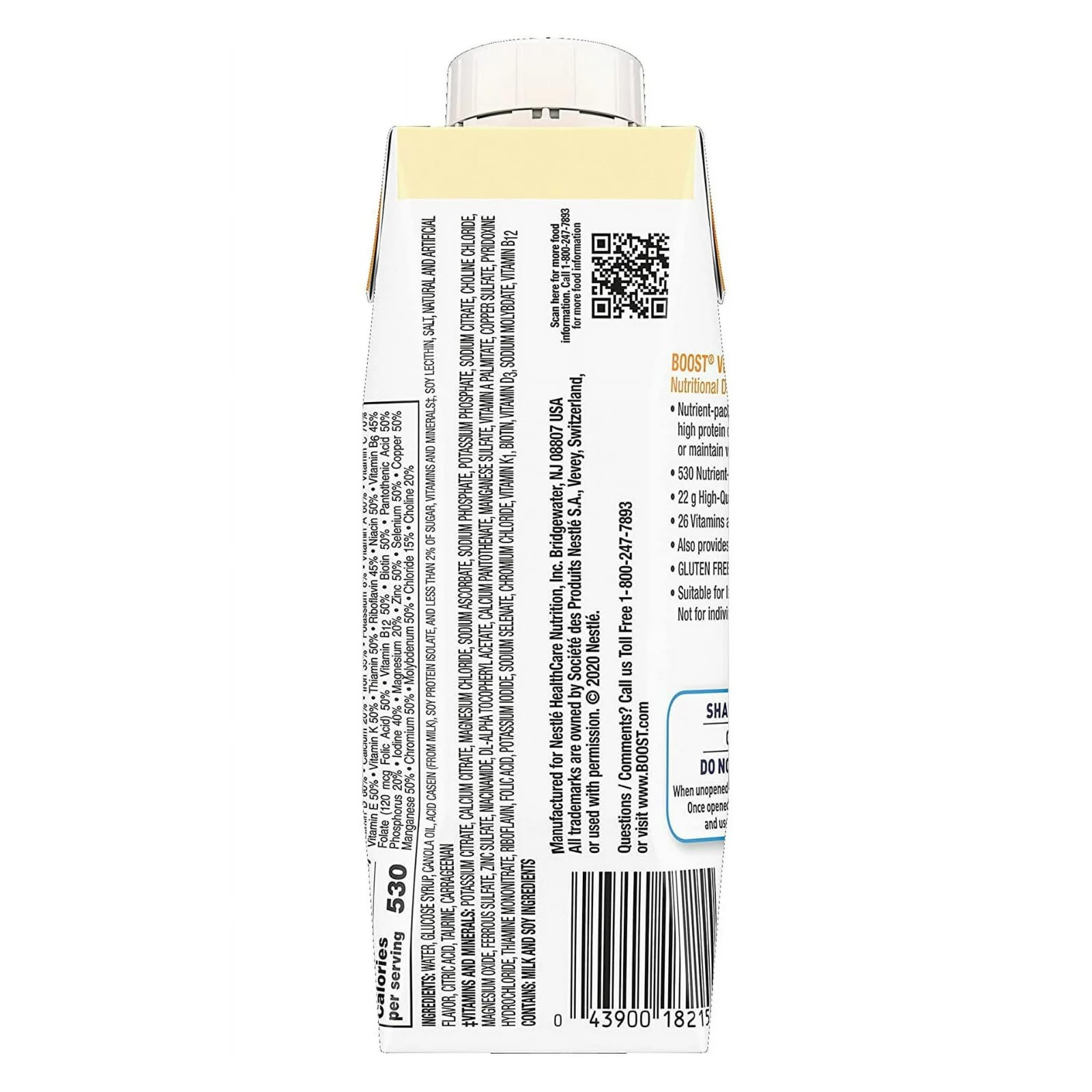BOOST Very High Calorie nutrition facts panel with key vitamins and minerals