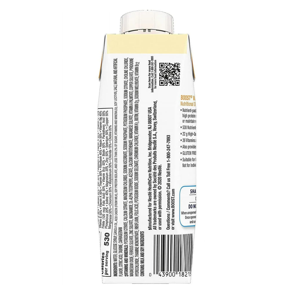BOOST Very High Calorie nutrition facts panel with key vitamins and minerals