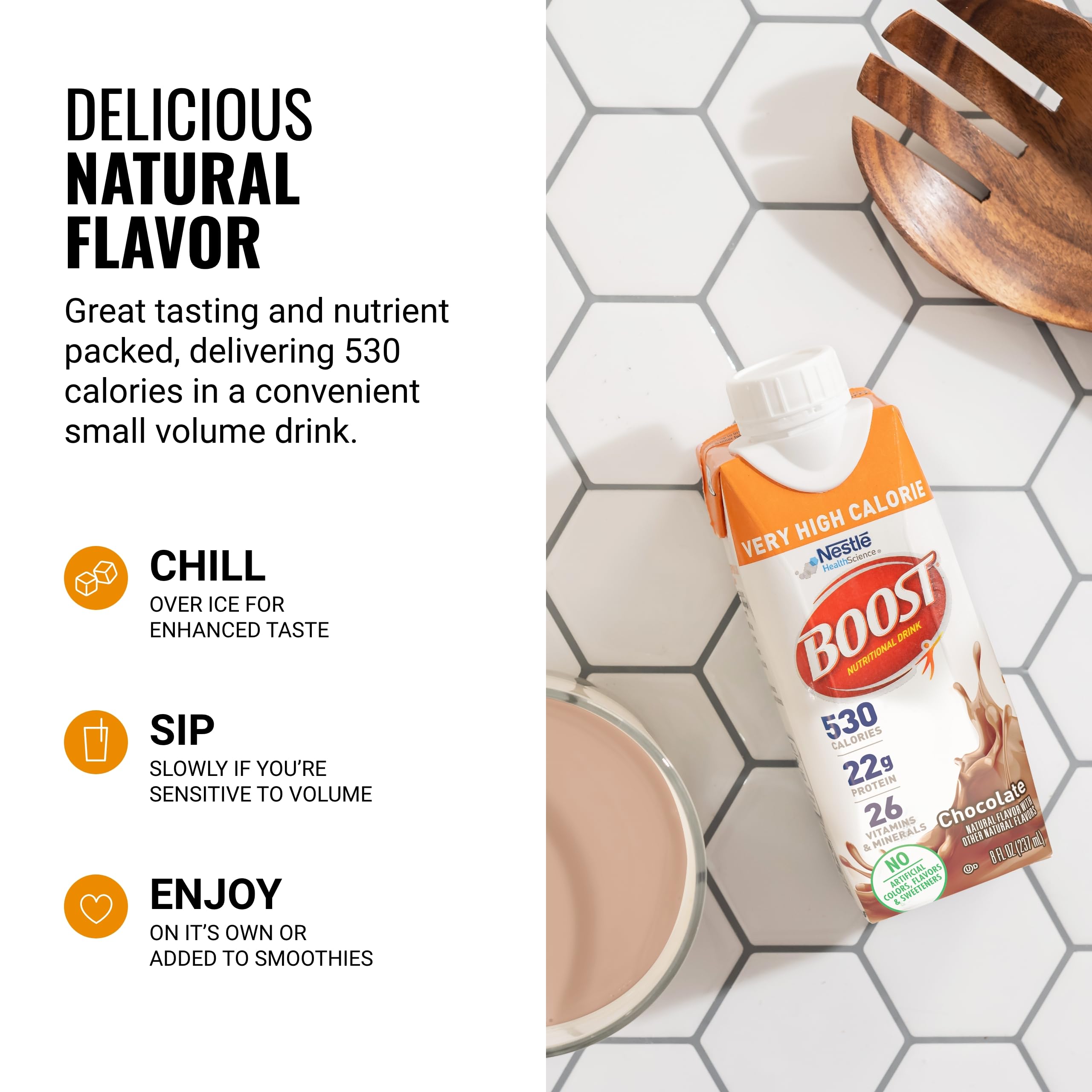 Glass with BOOST and ice emphasizes easy, reliable high-calorie snack