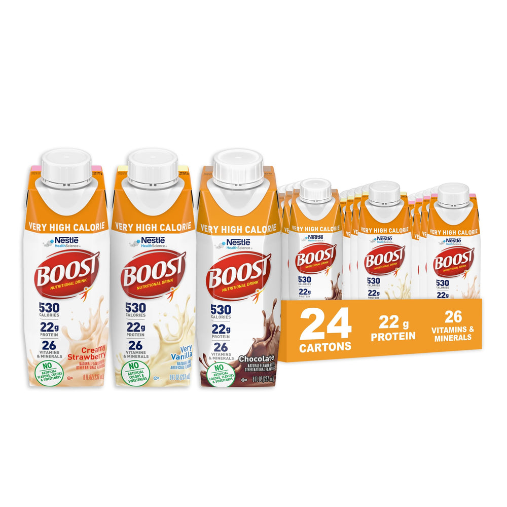 BOOST Very High Calorie drink pack front shows branding and weight gain support option