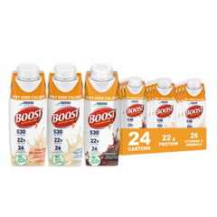 BOOST Very High Calorie drink pack front shows branding and weight gain support option