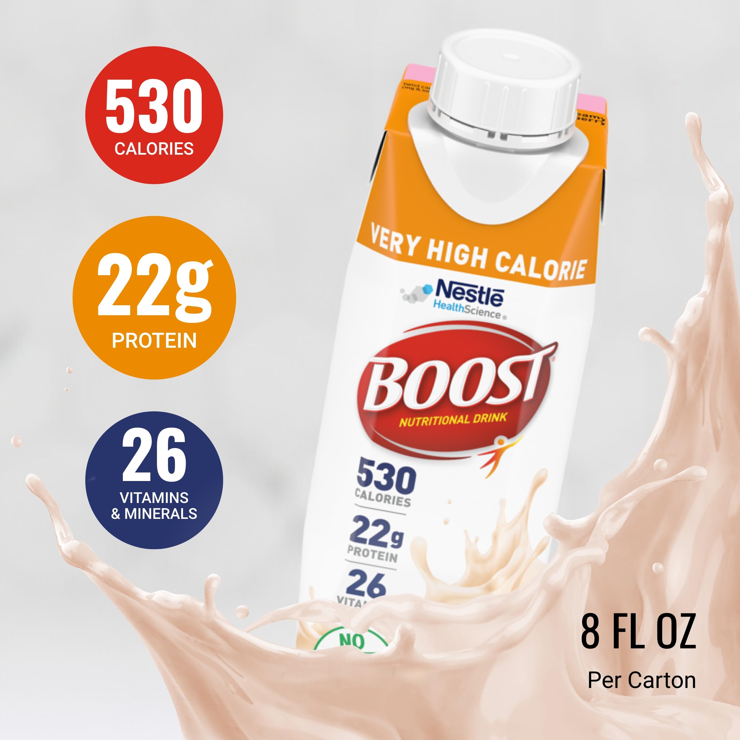 BOOST Very High Calorie Strawberry nutrition facts highlight vitamins and minerals for daily support.