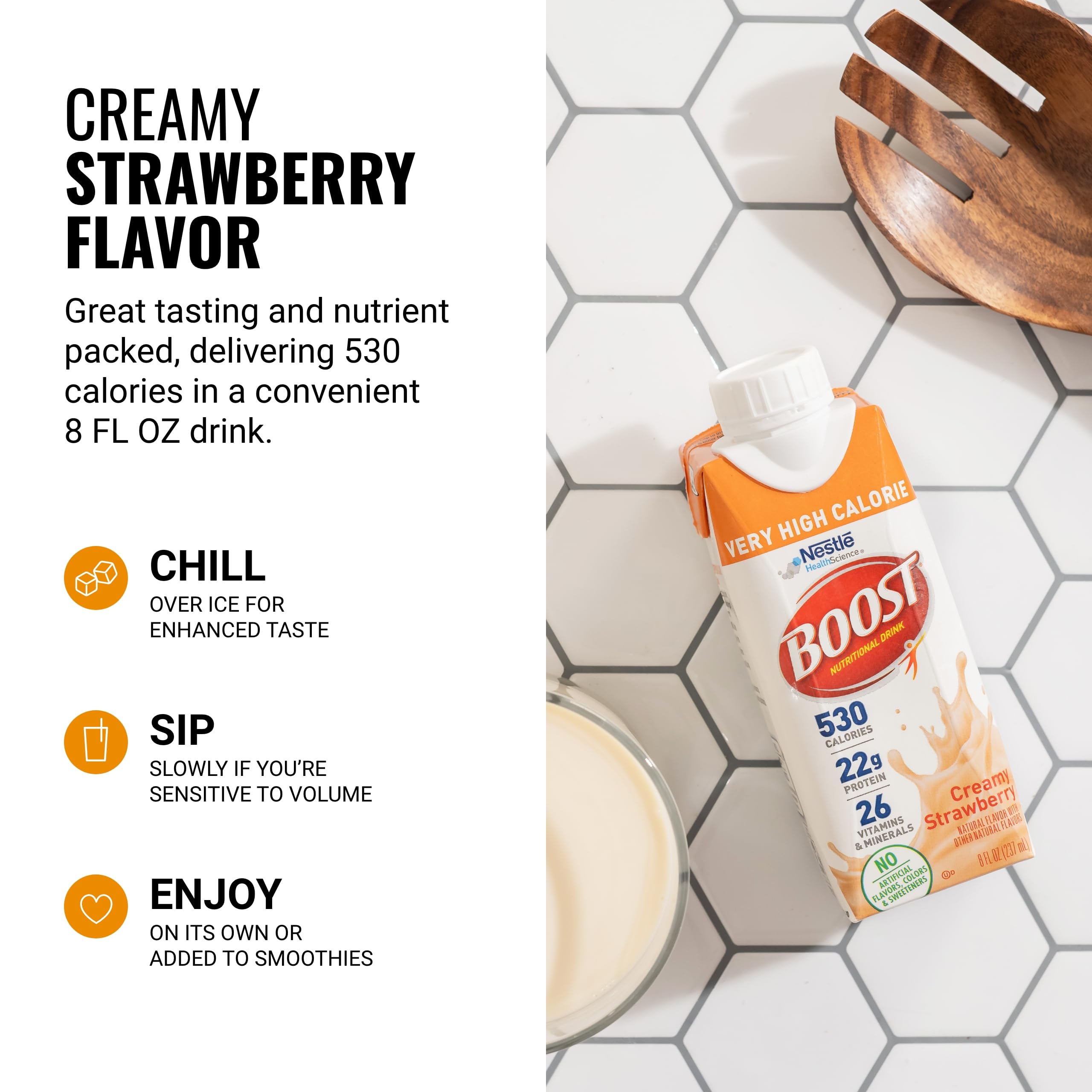 BOOST Very High Calorie Strawberry with ice demonstrates preferred lighter texture.