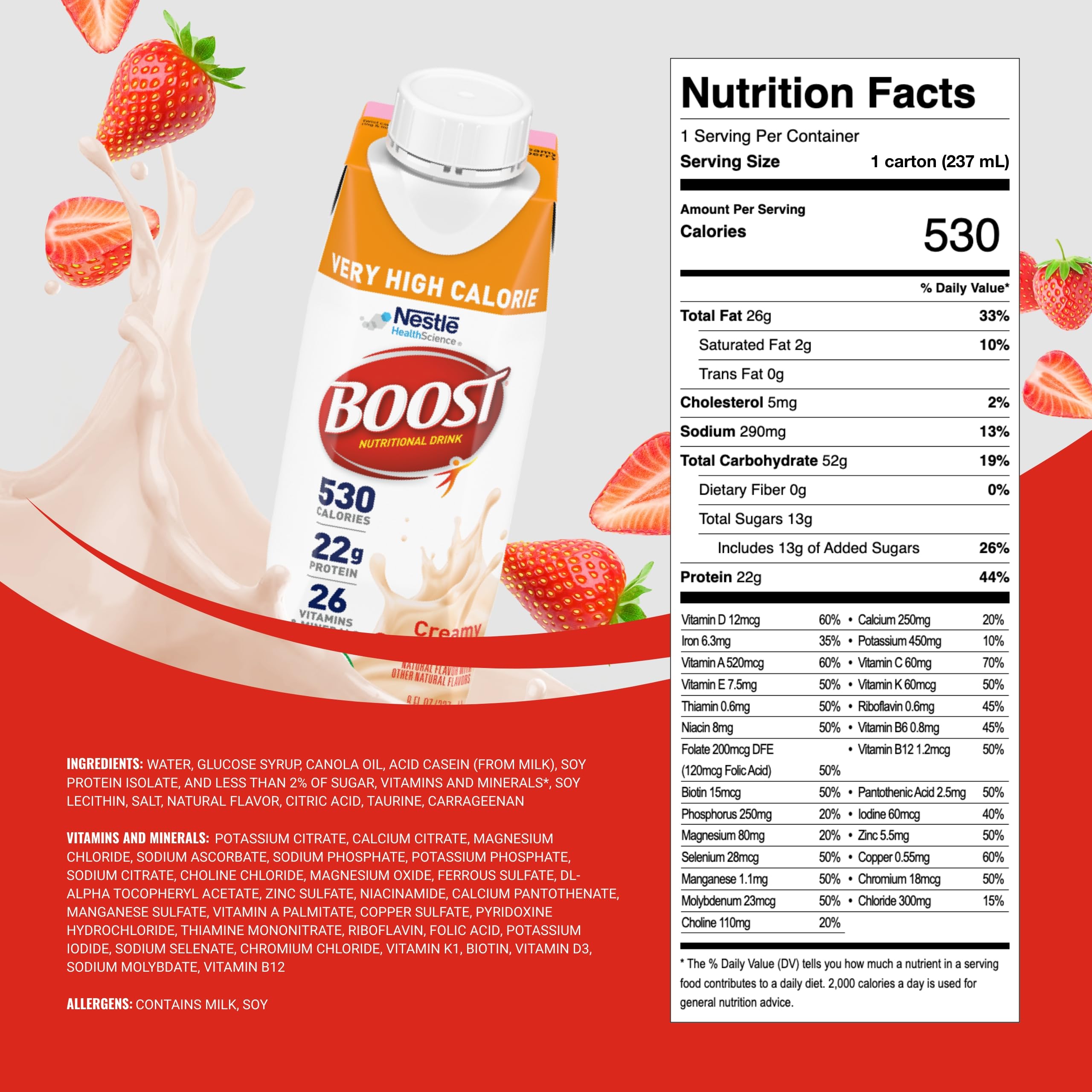 BOOST Very High Calorie Strawberry being poured for quick energy and flavor.