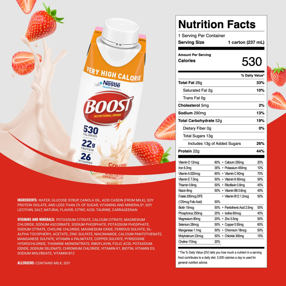 BOOST Very High Calorie Strawberry being poured for quick energy and flavor.
